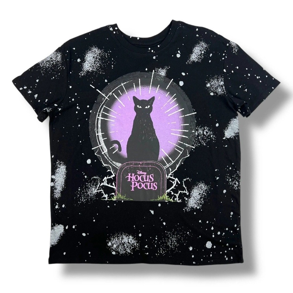 Disney Hocus Pocus Binx Graphic T-Shirt Womens S Black Faux Bleach Splatter Tee